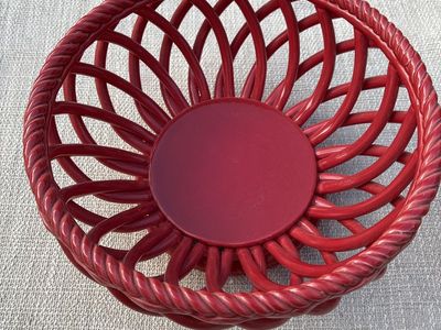 Vintage Red Woven Ceramic Fruit Basket Decorative Centerpiece Bowl
