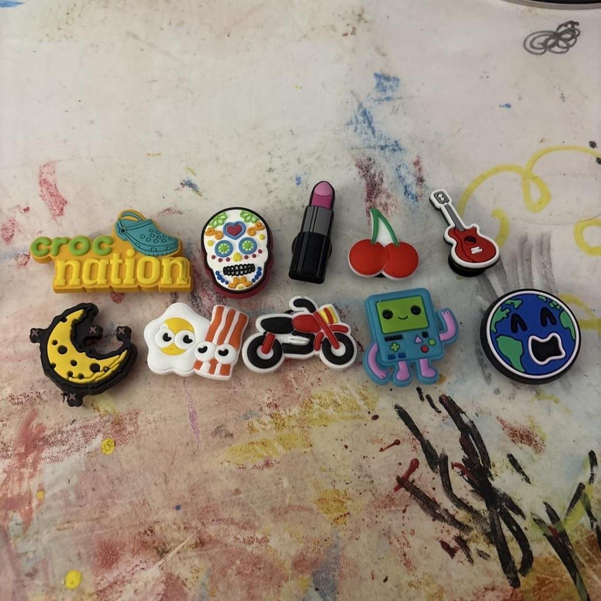 Jibbitz Style Charms Lot: Croc Nation, Sugar Skull, BMO, Lipstick, Guitar, Earth, Moon, Bacon & Egg, Cherries, Motorcycle