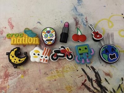 Jibbitz Style Charms Lot: Croc Nation, Sugar Skull, BMO, Lipstick, Guitar, Earth, Moon, Bacon & Egg, Cherries, Motorcycle
