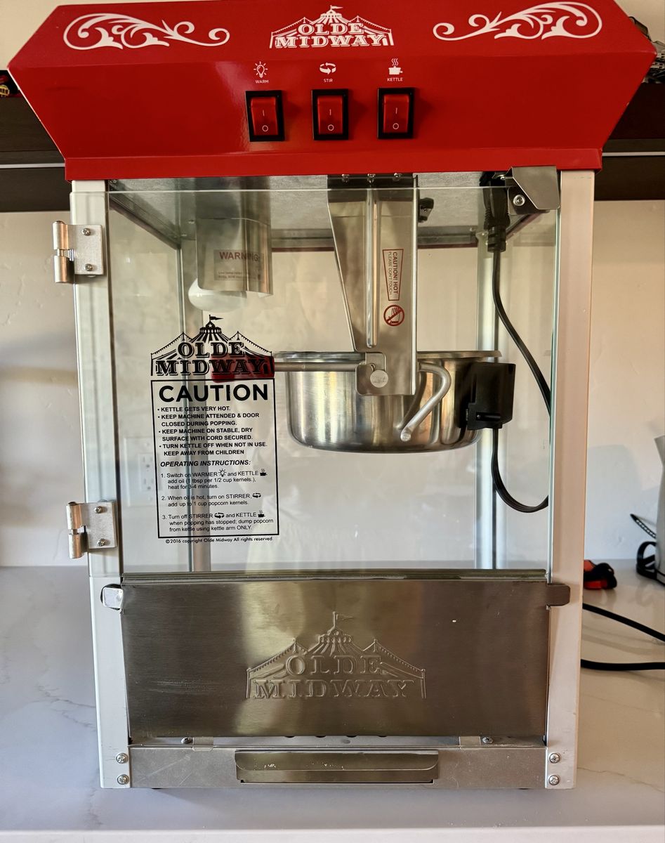Olde Midway Vintage Style Popcorn Popper Machine Red 8oz Kettle & Warmer - Brand New