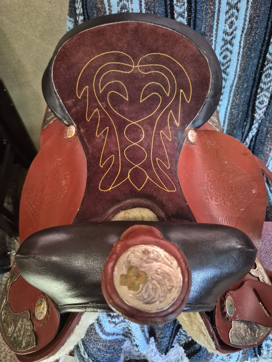 ​15" Western Show Saddle Leather Silver Corner Plates Suede Seat Hand Tooled