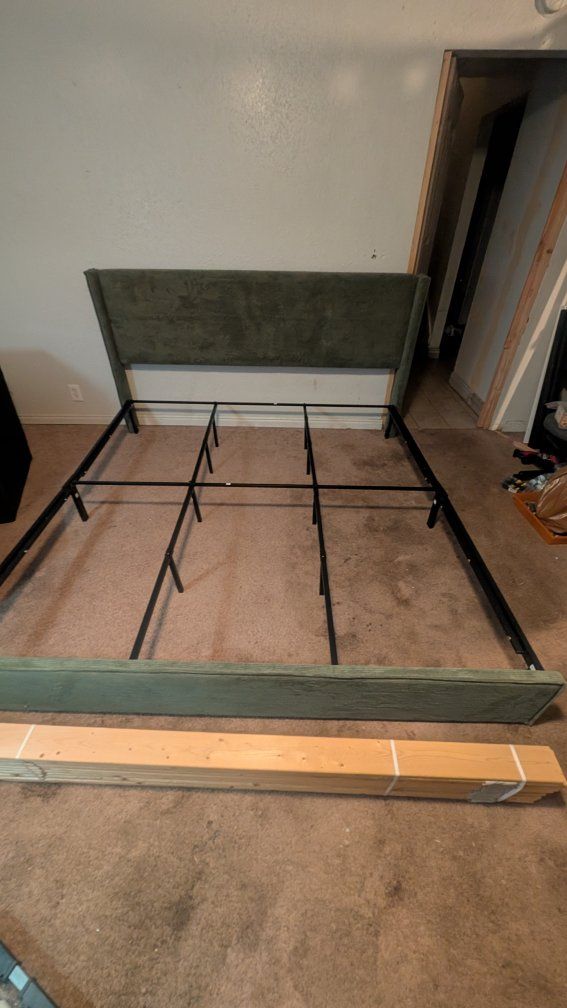 King Size Upholstered Platform Bed Frame with Headboard - Green Fabric