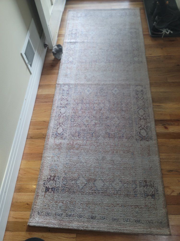 2 Patterned Area Rug/Runner - Neutral Tones with Blue/Red Accents 31" w 7' with non-slid rug pad