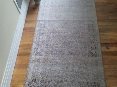 2 Patterned Area Rug/Runner - Neutral Tones with Blue/Red Accents 31" w 7' with non-slid rug pad
