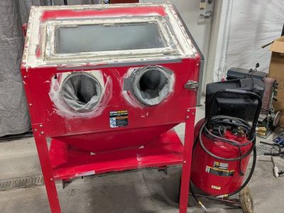 Sandblast cabinet and air compressor