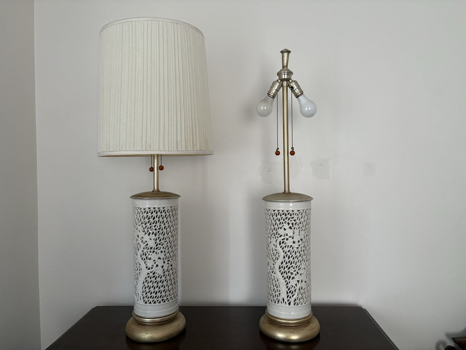 Pair of Large White Chinoiserie Porcelain Lamps w/ Trees