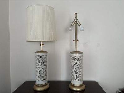 Pair of Large White Chinoiserie Porcelain Lamps w/ Trees