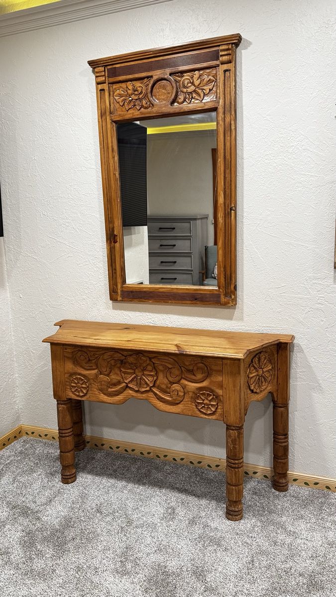 Hand Carved Wooden Mirror & Console Table
