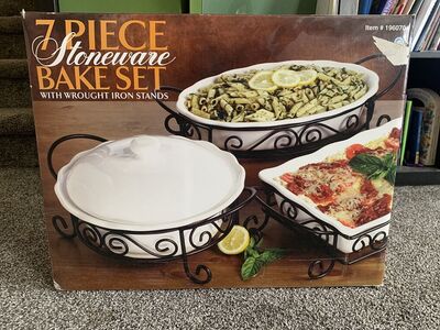 7 Piece Stonewear Bakeset With Wrought Iron Stands