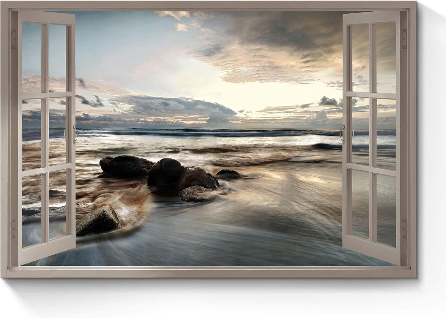 NEW 36x24 Ocean Open Window Wall Art: Lake Under Sunset Canvas Painting Sunset Beach Picture