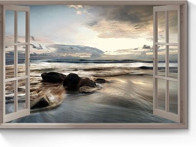 NEW 36x24 Ocean Open Window Wall Art: Lake Under Sunset Canvas Painting Sunset Beach Picture