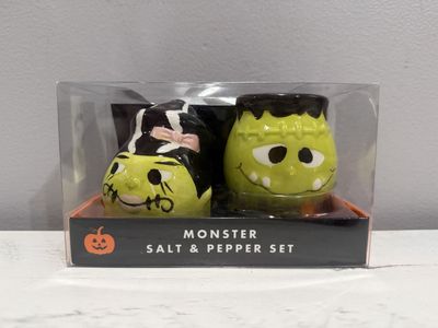 Halloween Monster Salt and Pepper Shaker Set Frankenstein Bride Ceramic