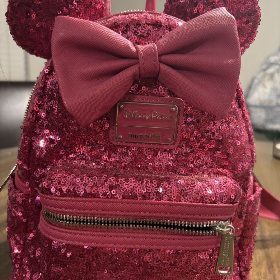 Loungefly Disney Parks Minnie Mouse Sequin Mini Backpack - Pink with Bow