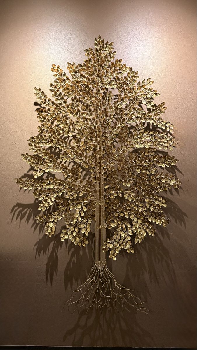 Grand Vertical 14K Gold Leaf Tree Wall Sculpture (46" x 72")