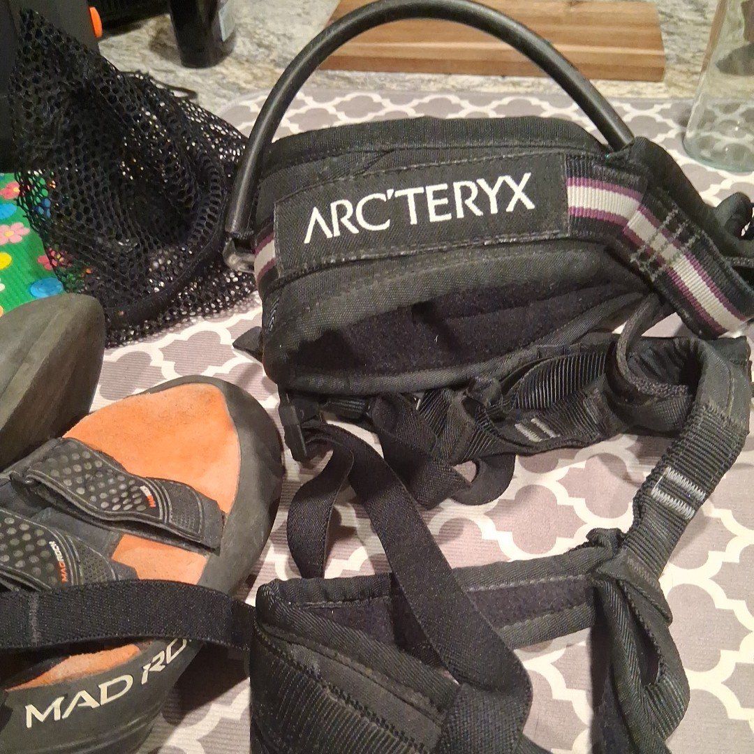 Scarpa, Mad Rock Flash 2.0 Climbing Shoes - Orange/Black, Size 8.5 womens) + Arcteryx Women's Climbing harness (size XS-S).