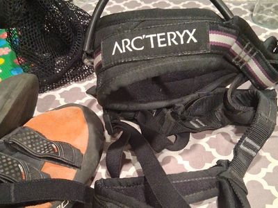 Scarpa, Mad Rock Flash 2.0 Climbing Shoes - Orange/Black, Size 8.5 womens) + Arcteryx Women's Climbing harness (size XS-S).