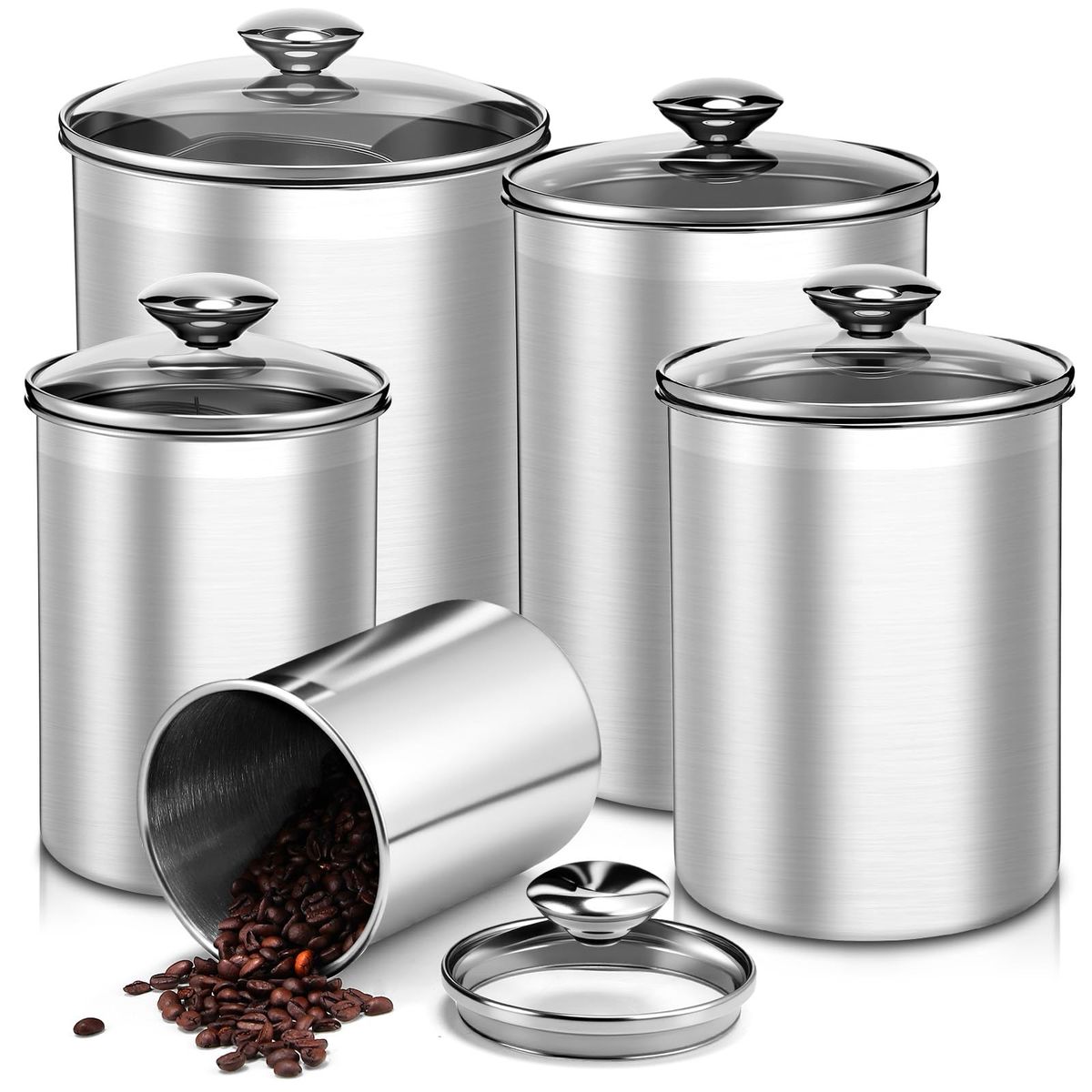 5-Piece Stainless Steel Kitchen Canister Set with Airtight Glass Lids (brand new)