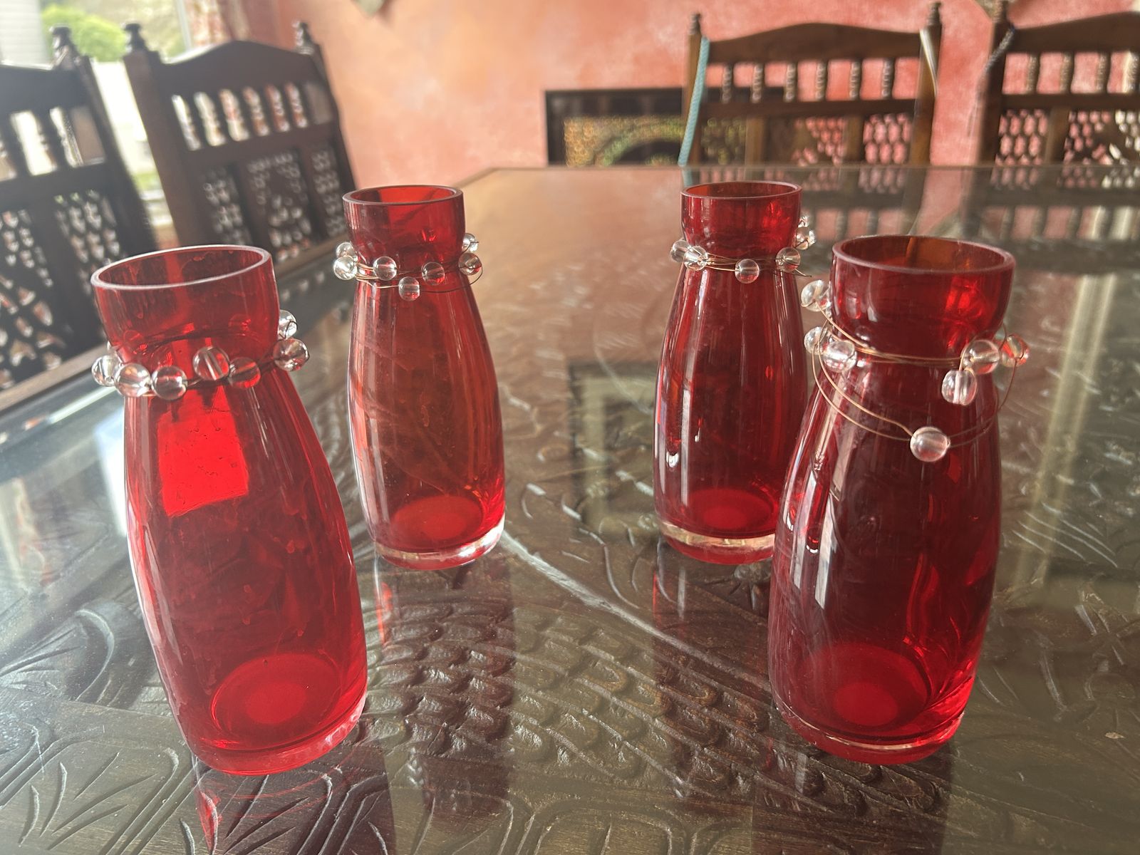 Set of 4 Red Glass Bud Vases w/ Decorative Beaded Wire Accents
