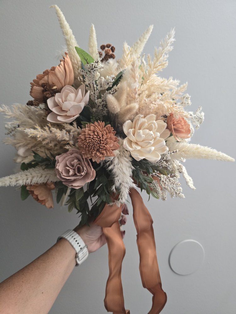 Terracotta Boho Wedding Floral Rentals – Double-Duty Arch Set & Bouquet