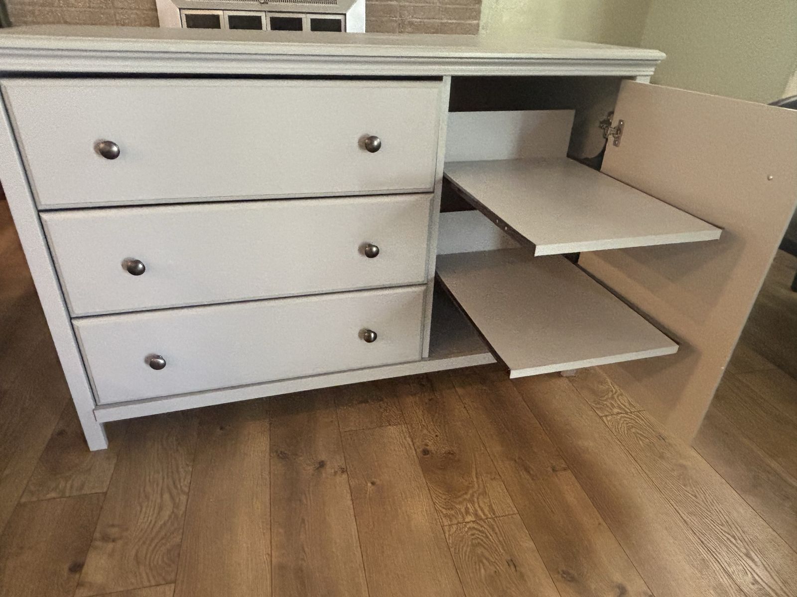 Light Gray Dresser with 3 Drawers and Side Cabinet with Shelves