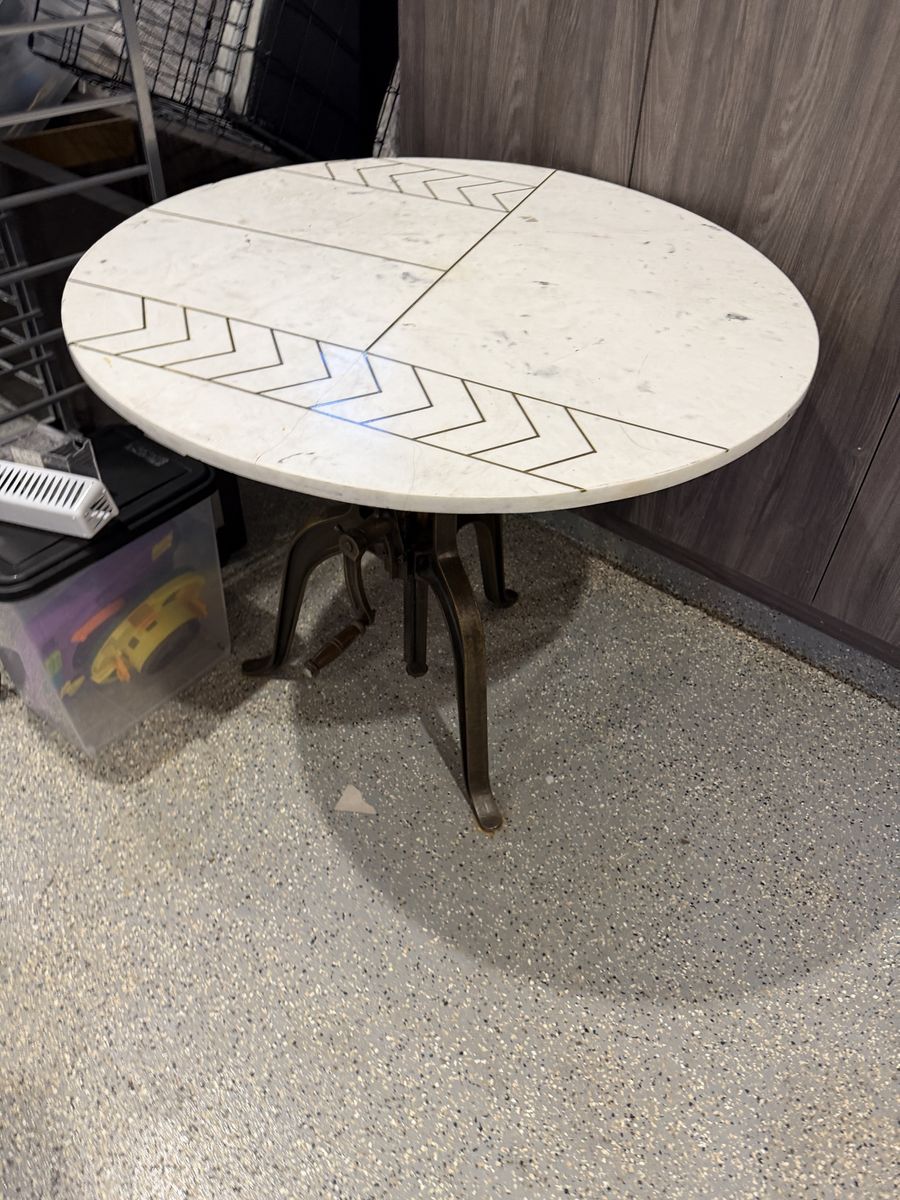 Round Marble Inlay Bistro Table with Brass Chevron Pattern and Industrial Metal Base Adjustable