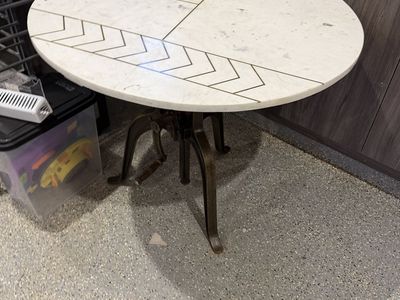 Round Marble Inlay Bistro Table with Brass Chevron Pattern and Industrial Metal Base Adjustable