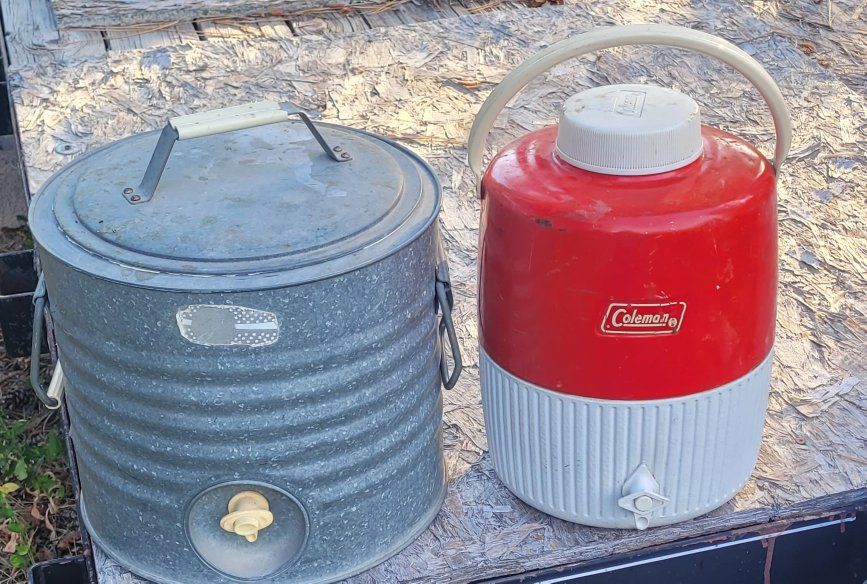 Vintage Coleman Red & White Water Cooler & Galvanized Steel Beverage Dispenser Jugs. 20 each