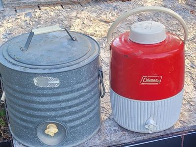Vintage Coleman Red & White Water Cooler & Galvanized Steel Beverage Dispenser Jugs. 20 each