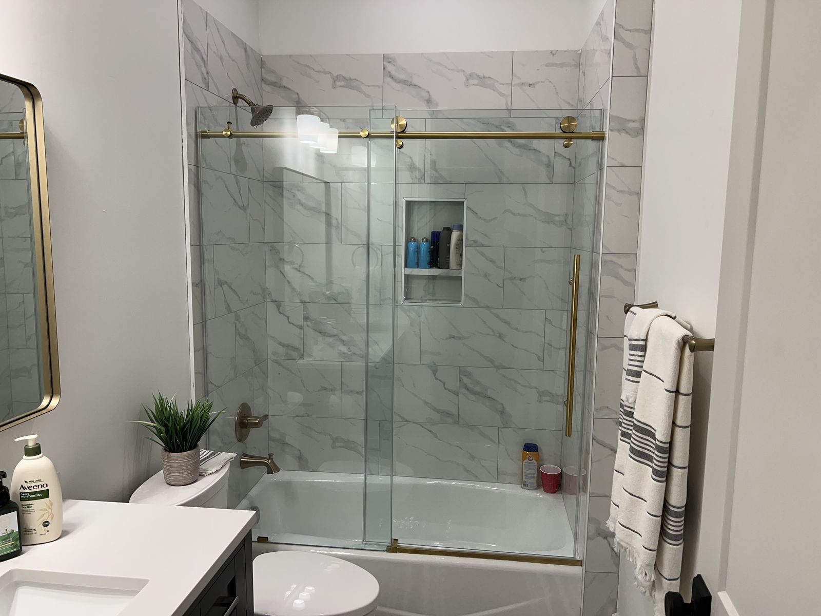 Vigo Brushed Gold sliding shower door, brand new in box.