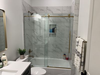 Vigo Brushed Gold sliding shower door, brand new in box.