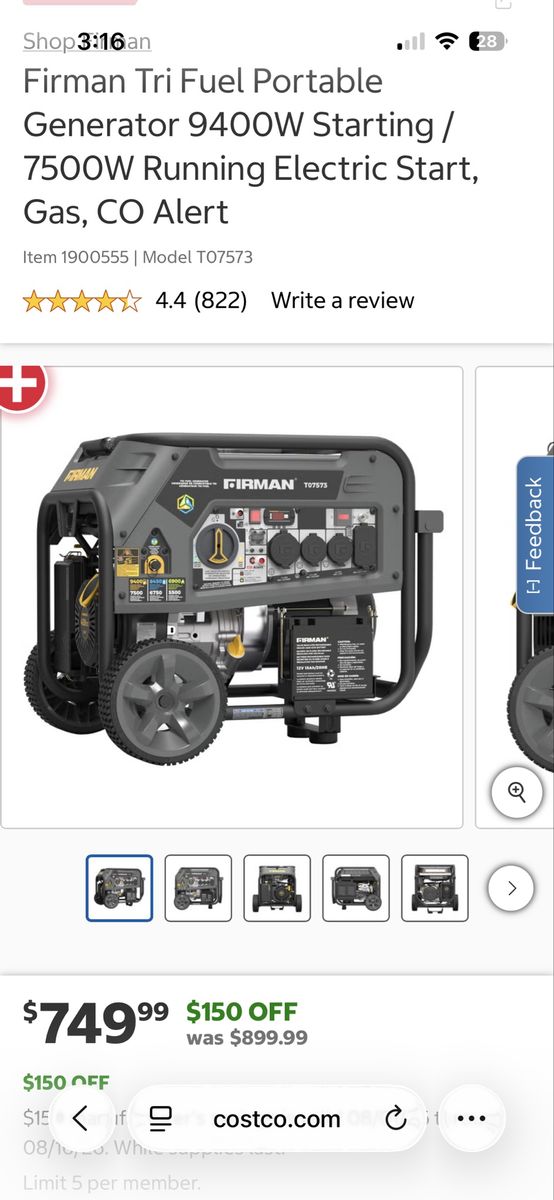 Firman T07573 Tri-Fuel Portable Generator (9400W Peak / 7500W Running)