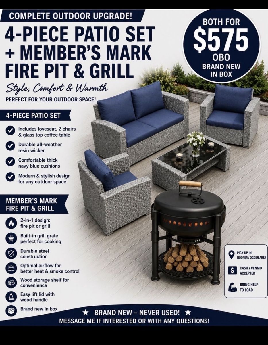 Member's Mark 4-Piece Resin Wicker Patio Set with Navy Cushions & 2-in-1 Fire Pit/Grill