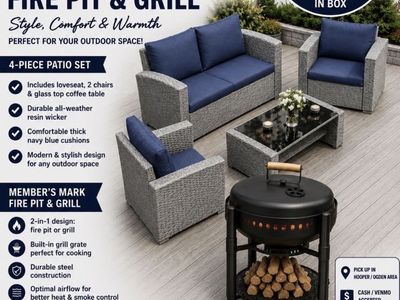 Member's Mark 4-Piece Resin Wicker Patio Set with Navy Cushions & 2-in-1 Fire Pit/Grill