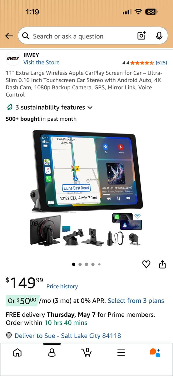 CarPlay 11" Touchscreen Bluetooth w/2 Cameras