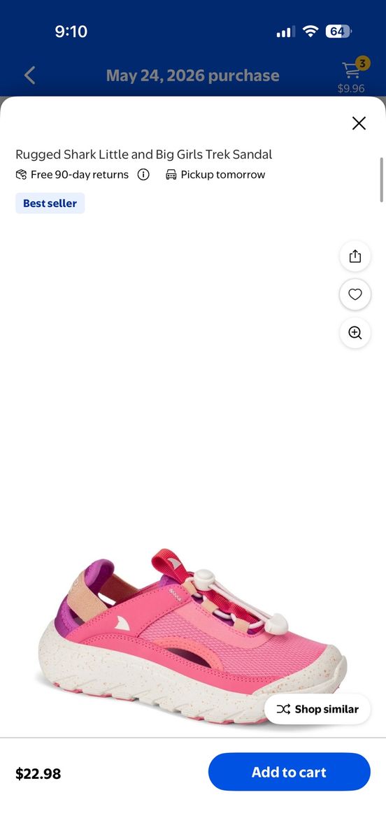 Rugged Shark Girls' Pink Trek Sandals - Youth Size 2 Water Shoes with Bungee Closure