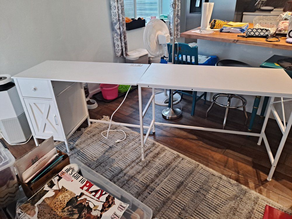 White L-Shaped Desk with Storage & Folding Extension - Home Office/Craft Table