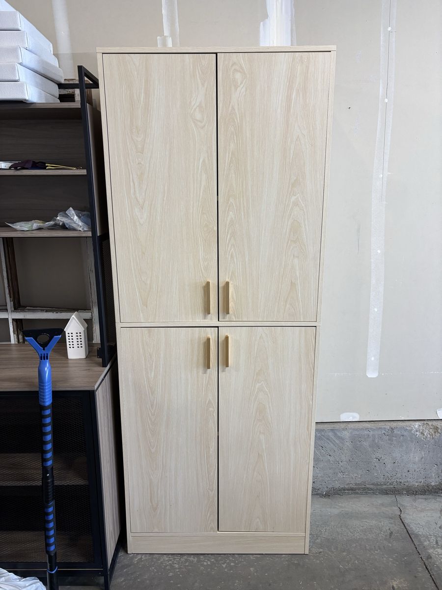 Light Wood Storage Cabinet with 4 Doors - Multi-purpose, Adjustable Shelves