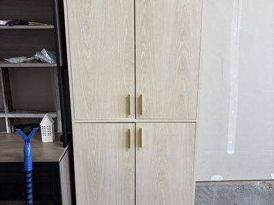 Light Wood Storage Cabinet with 4 Doors - Multi-purpose, Adjustable Shelves