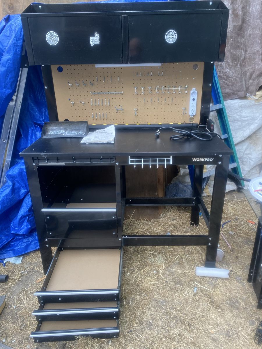Workpro Black Steel Workbench with Pegboard and Drawers