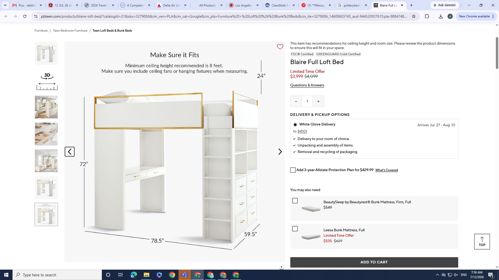 Pottery Barn Teen Blaire Full Loft Bed