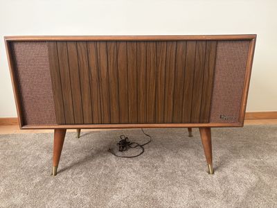 Midcentury Modern HiFi record player and boxes of records