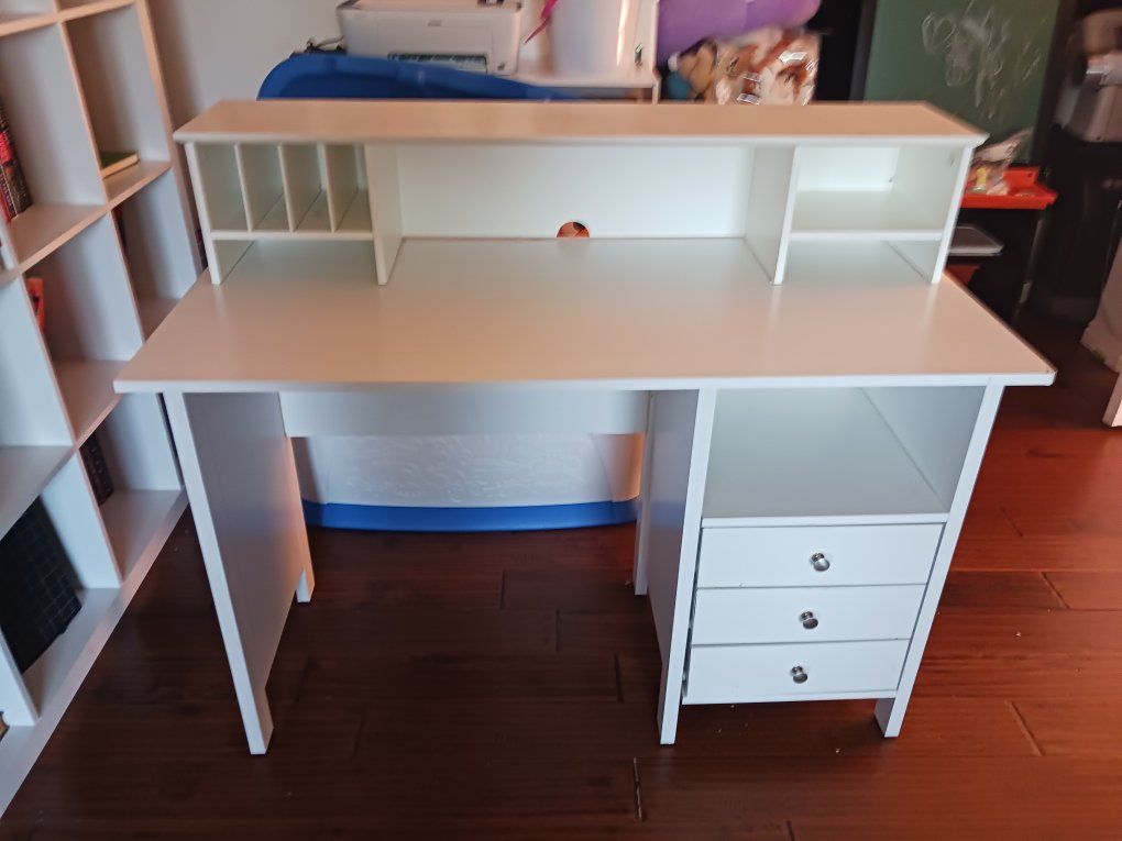 White Sturdy Study Desk with Top Hutch and Drawers