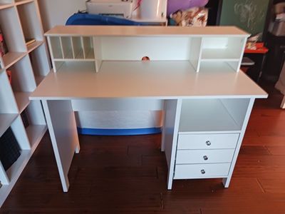 White Sturdy Study Desk with Top Hutch and Drawers