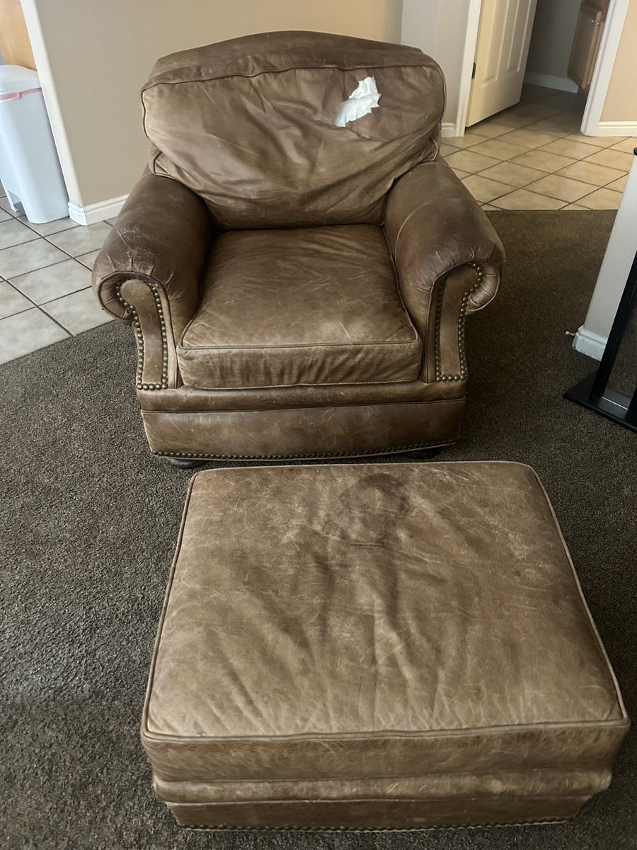 Distressed Leather Armchair with Ottoman - Nailhead Trim, Brown