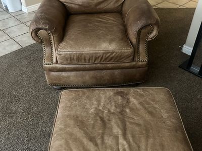 Distressed Leather Armchair with Ottoman - Nailhead Trim, Brown