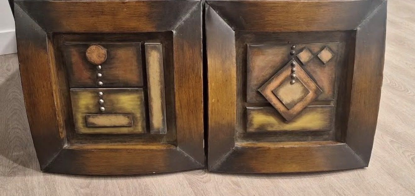 Pair of Vintage Mid-Century Modern Geometric Relief Wooden Art Panels Wall Decor
