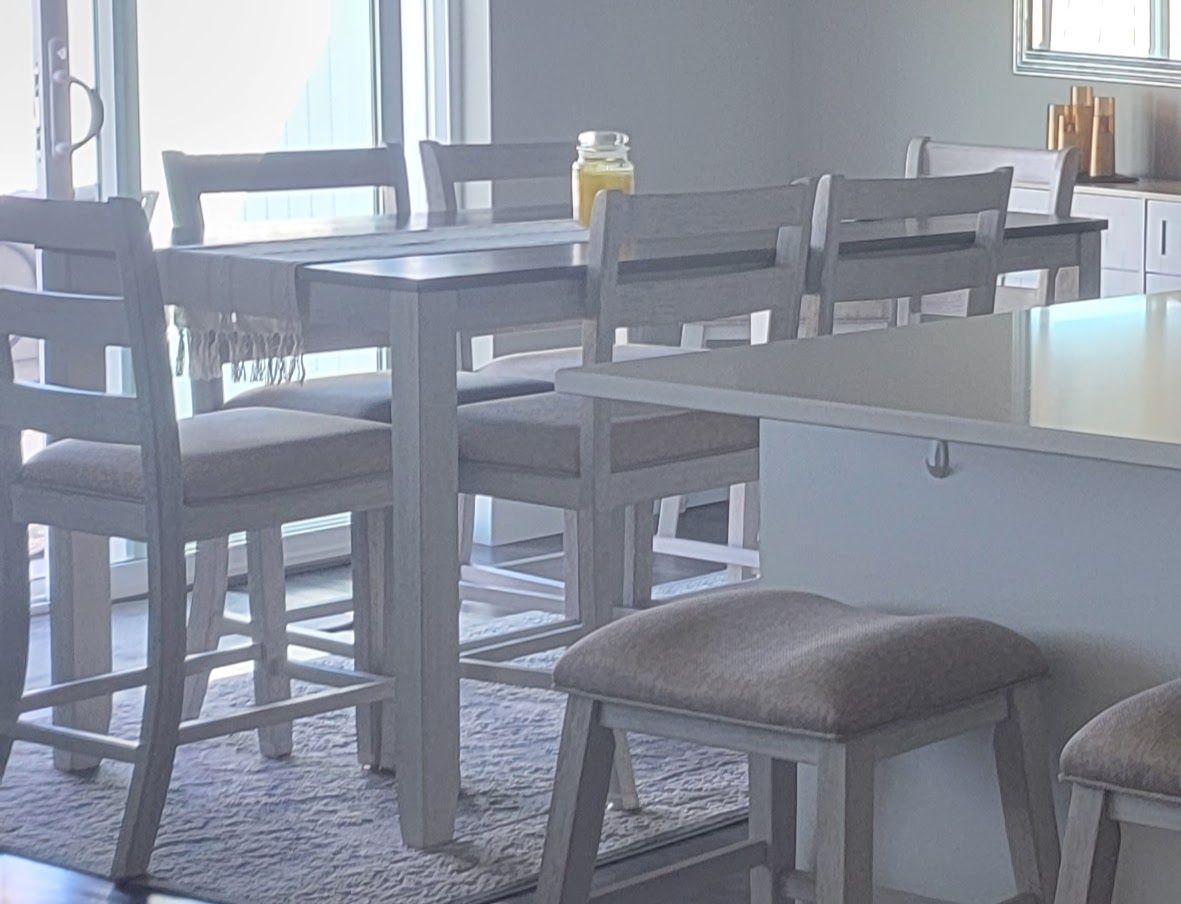 Ashley Furniture - Skempton -  Counter Height Dining Table and 6 Chairs - Light Gray Wood with Upholstered Seats