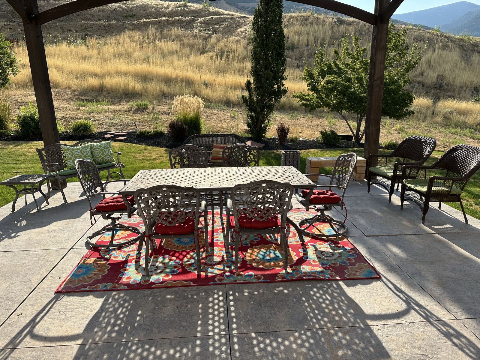 Patio Furniture Set — Cast Aluminum Dining Set + Wicker Seating