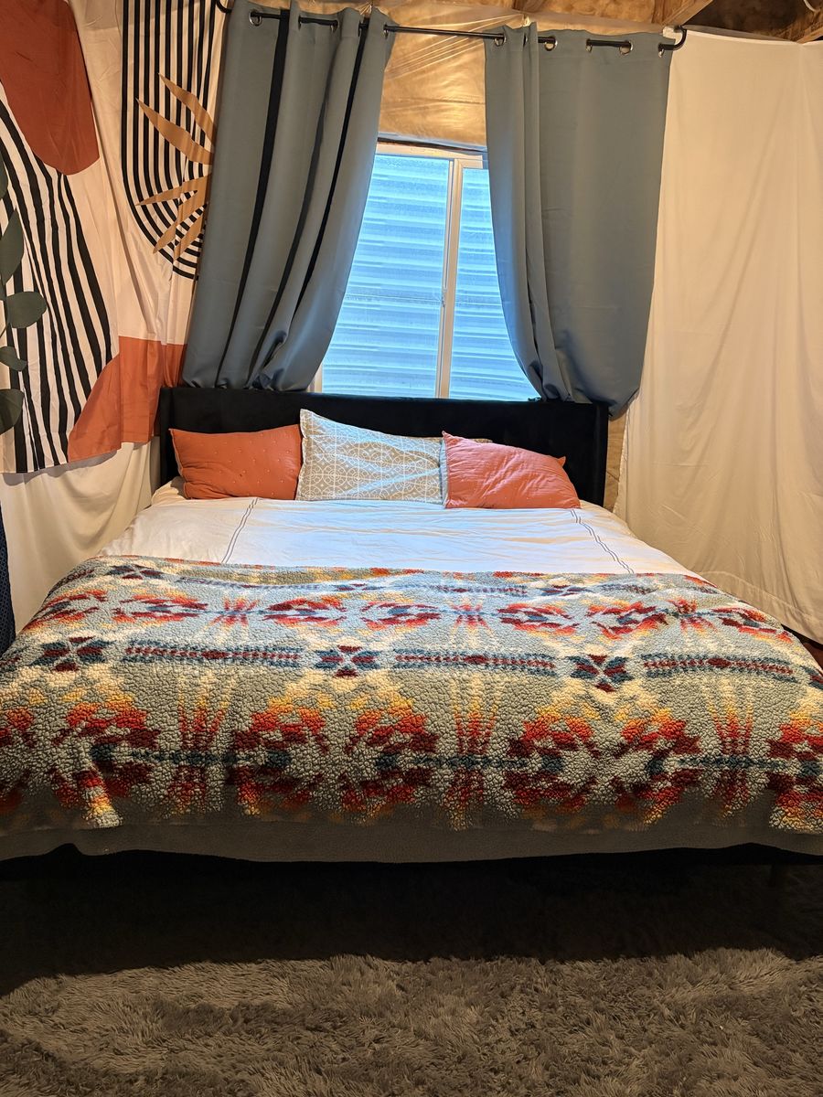 King size Tempurpedic mattress and suede frame