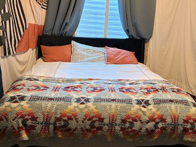 King size Tempurpedic mattress and suede frame